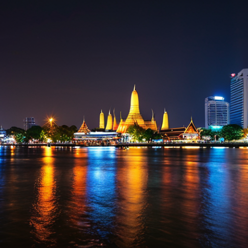 **City Lights and Reflections:** A vibrant cityscape at night in Bangkok, Thailand. Focus on the colorful lights of the buildings reflecting in the Chao Phraya River. Use a long exposure to create smooth light trails from passing cars and boats. Include a temple or historical landmark in the background for local flavor.