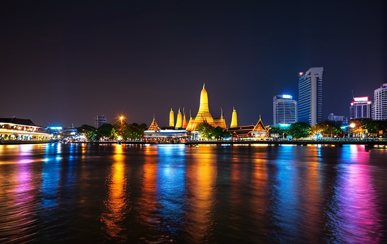 **City Lights and Reflections:** A vibrant cityscape at night in Bangkok, Thailand. Focus on the colorful lights of the buildings reflecting in the Chao Phraya River. Use a long exposure to create smooth light trails from passing cars and boats. Include a temple or historical landmark in the background for local flavor.