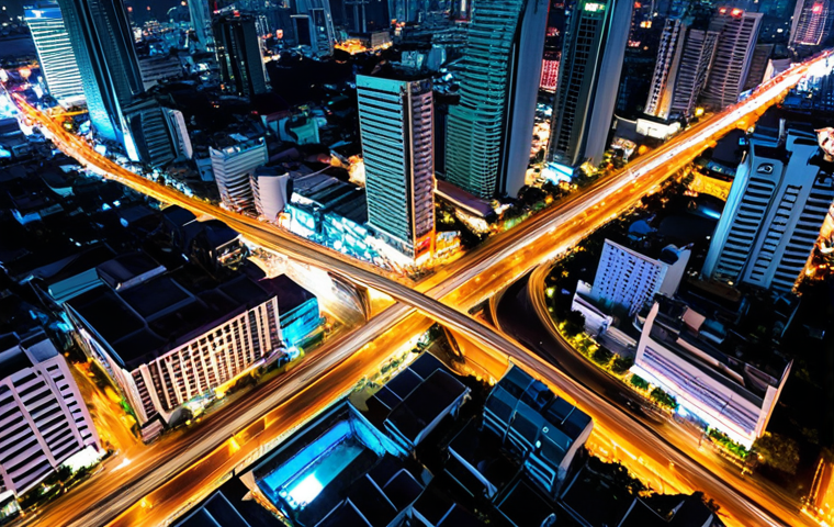 **Prompt 1:** Aerial view of a bustling Bangkok at night, seen from a high altitude, showcasing a complex tapestry of urban lights. Bright, concentrated clusters delineate business districts like Sathorn and Asoke, with subtle variations in brightness hinting at daily human activity shifts between weekdays and weekends. Expanding lines of light extend outwards, indicating recent urban growth and infrastructure development, like new BTS lines. The image should convey the city as a living, breathing network of illuminated data, vibrant and full of intricate details, emphasizing economic activity and population movement.