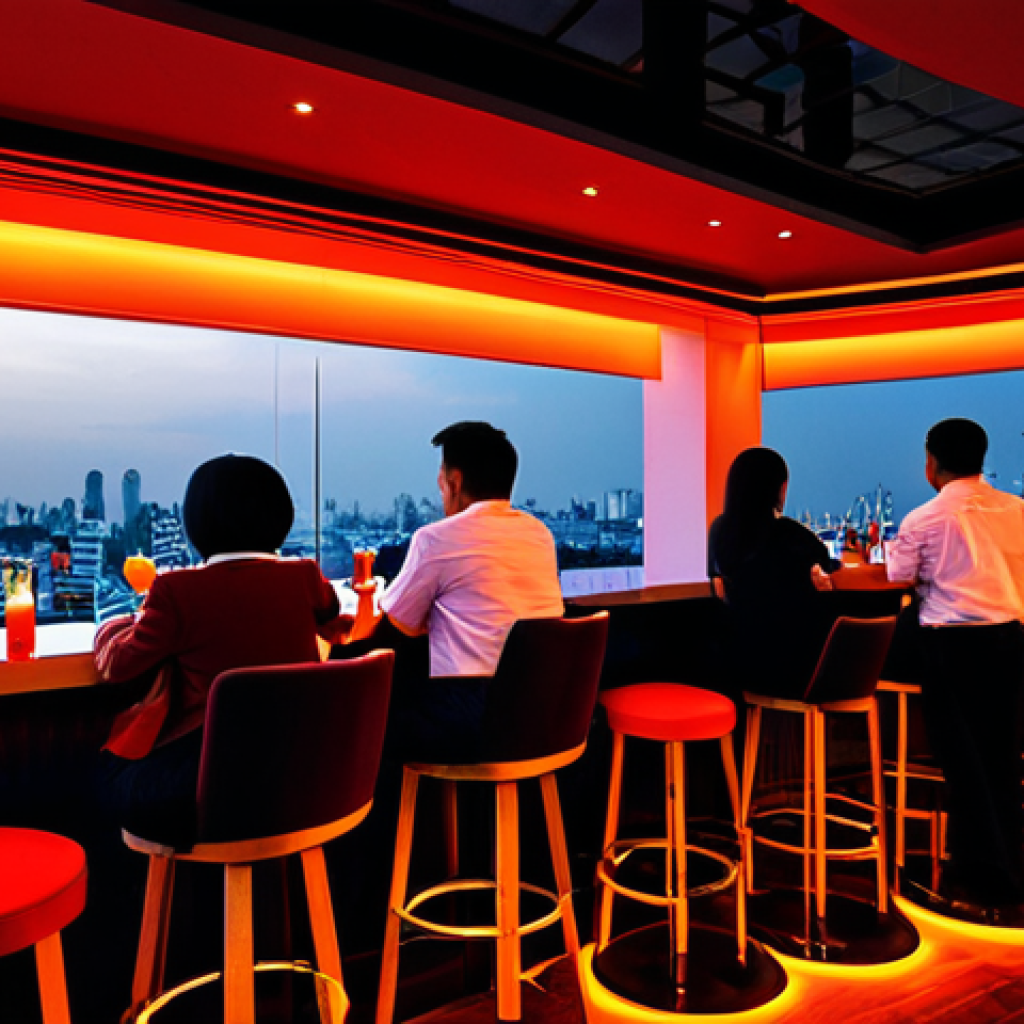 Red Sky Bar**

"A professional photograph of Red Sky Bar in Bangkok at sunset, viewed from inside looking out, featuring city skyline views. The bar is elegantly decorated in red tones, fully clothed patrons are enjoying cocktails at tables. Professional, appropriate content, safe for work, perfect anatomy, correct proportions, natural pose, well-formed hands, proper finger count, natural body proportions, modest clothing, appropriate attire."

**
