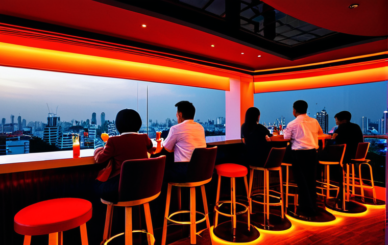 Red Sky Bar**

"A professional photograph of Red Sky Bar in Bangkok at sunset, viewed from inside looking out, featuring city skyline views. The bar is elegantly decorated in red tones, fully clothed patrons are enjoying cocktails at tables. Professional, appropriate content, safe for work, perfect anatomy, correct proportions, natural pose, well-formed hands, proper finger count, natural body proportions, modest clothing, appropriate attire."

**