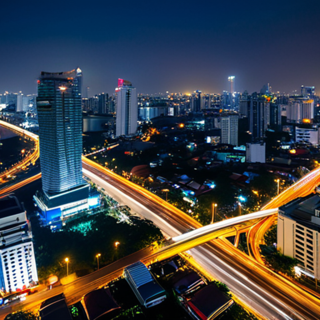 Cityscape at Night**
"A breathtaking cityscape of Bangkok at night, viewed from a high vantage point like a rooftop bar, fully clothed people enjoying the view, vibrant city lights with long exposure light trails from cars below, Chao Phraya River reflecting the city's glow, safe for work, appropriate content, professional photography, perfect anatomy, natural proportions, modest attire."
**
