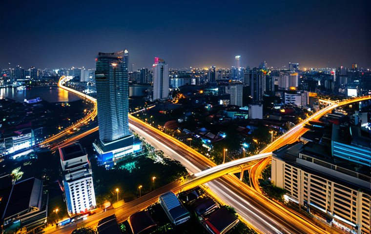 Cityscape at Night**

"A breathtaking cityscape of Bangkok at night, viewed from a high vantage point like a rooftop bar, fully clothed people enjoying the view, vibrant city lights with long exposure light trails from cars below, Chao Phraya River reflecting the city's glow, safe for work, appropriate content, professional photography, perfect anatomy, natural proportions, modest attire."

**