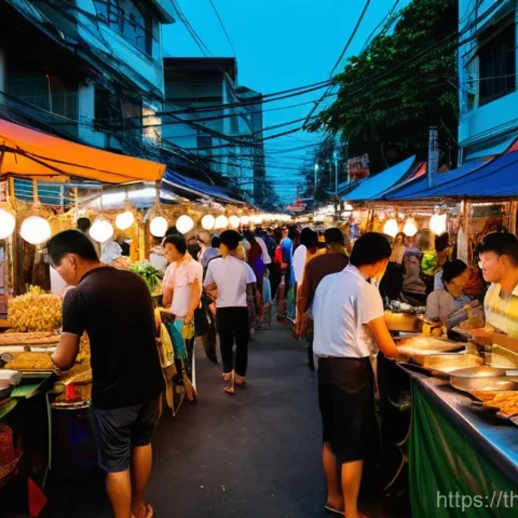 야경과 별빛 투어 - **Prompt:** A bustling and vibrant Thai night market scene in Bangkok, with numerous food stalls emi...
