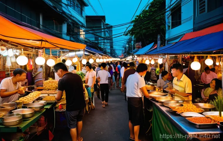 야경과 별빛 투어 - **Prompt:** A bustling and vibrant Thai night market scene in Bangkok, with numerous food stalls emi...