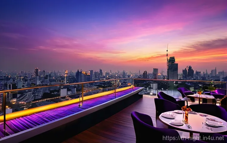 야경을 즐기기 좋은 계절 - **Prompt 1: Sophisticated Bangkok Rooftop Bar at Dusk**
    "A stunning panoramic view from a high-e...