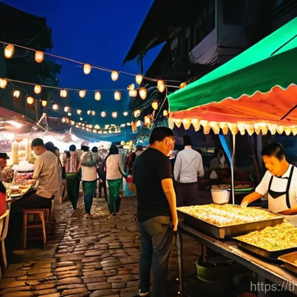 야경을 활용한 여행지 홍보 - **Vibrant Thai Night Market Street Food Feast:**
A bustling and lively night market scene in Tha...