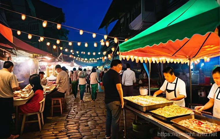 야경을 활용한 여행지 홍보 - **Vibrant Thai Night Market Street Food Feast:**
    A bustling and lively night market scene in Tha...