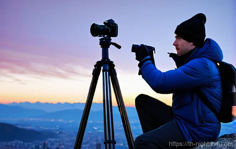 야경 촬영을 위한 삼각대 세팅법 - **Prompt:** "A young, enthusiastic female photographer, dressed in practical outdoor attire (long-sl...