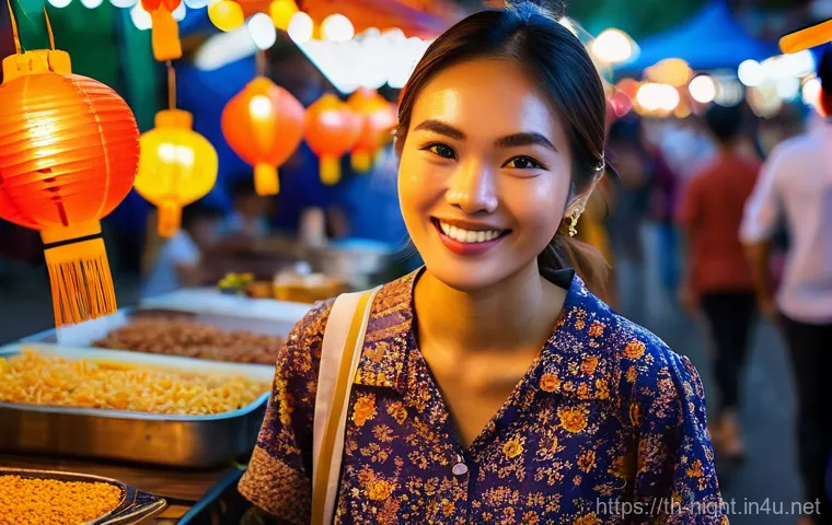 야경 브이로그 촬영 - **Vibrant Thai Night Market Vlogging Experience**
    A dynamic, eye-level shot of a cheerful young ...