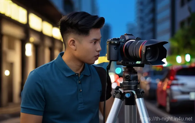 야경 브이로그 촬영 - **Vibrant Thai Night Market Vlogging Experience**
    A dynamic, eye-level shot of a cheerful young ...