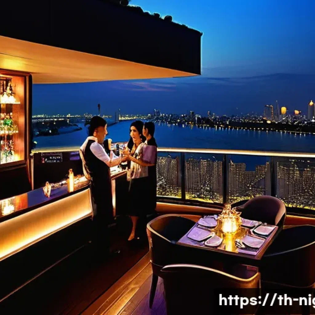 야경을 이용한 마케팅 전략 - A luxurious rooftop bar in Bangkok at dusk, with a panoramic view of the sparkling city skyline and ...