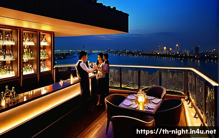 야경을 이용한 마케팅 전략 - A luxurious rooftop bar in Bangkok at dusk, with a panoramic view of the sparkling city skyline and ...