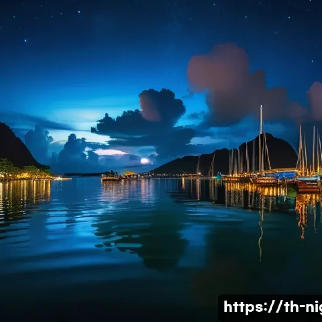 야경이 아름다운 항구 도시 - A serene nighttime harbor scene in southern Thailand featuring tall buildings and moored boats with ...