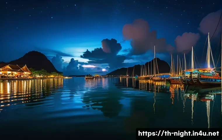 야경이 아름다운 항구 도시 - A serene nighttime harbor scene in southern Thailand featuring tall buildings and moored boats with ...