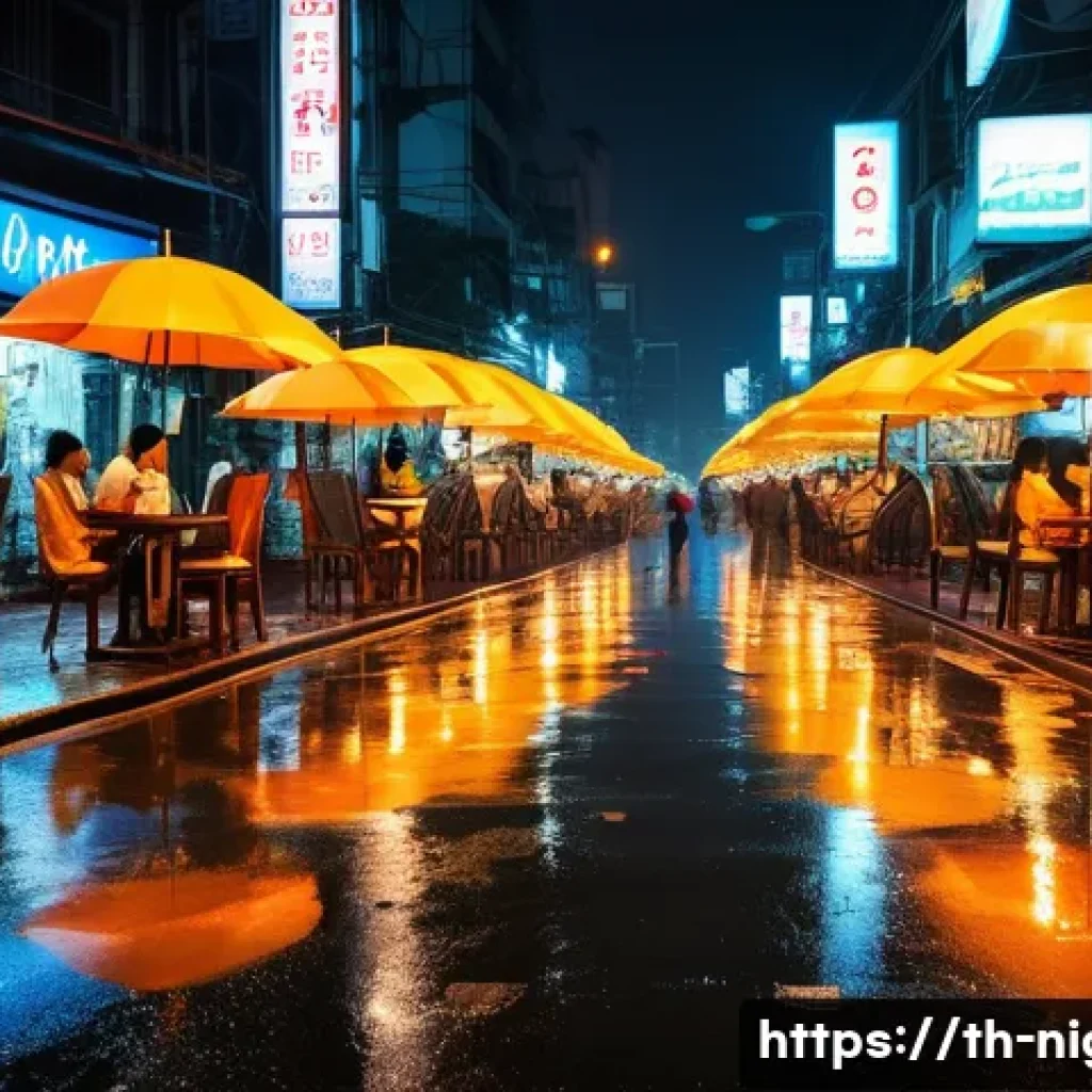 야경 인스타그램 감성 - A vibrant nighttime street scene in Bangkok featuring warm orange and yellow streetlights casting so...