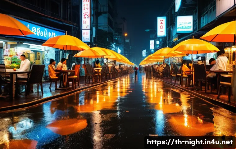 야경 인스타그램 감성 - A vibrant nighttime street scene in Bangkok featuring warm orange and yellow streetlights casting so...