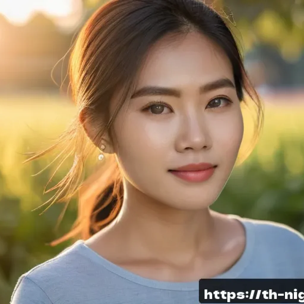 장노출 사진 촬영법 - A portrait photo of a young Thai woman standing outdoors during golden hour, soft natural morning or...