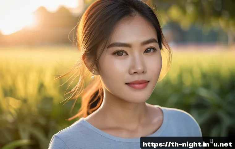 장노출 사진 촬영법 - A portrait photo of a young Thai woman standing outdoors during golden hour, soft natural morning or...