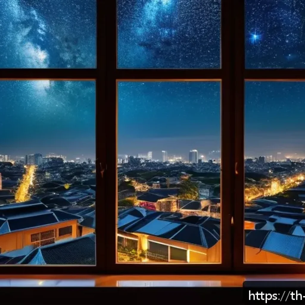 야경을 표현한 시와 문학 - A serene nighttime cityscape viewed from a cozy apartment window, warm glowing streetlights and car ...