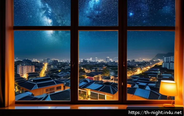 야경을 표현한 시와 문학 - A serene nighttime cityscape viewed from a cozy apartment window, warm glowing streetlights and car ...