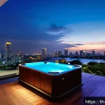 Home 22 야경 뷰 좋은 펜트하우스 - A luxurious penthouse terrace in Bangkok at twilight, featuring a spacious outdoor balcony with mode...