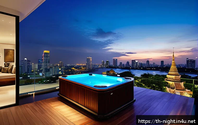 야경 뷰 좋은 펜트하우스 - A luxurious penthouse terrace in Bangkok at twilight, featuring a spacious outdoor balcony with mode...