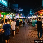 Home 21 야경 관련 드라마 촬영지 - A vibrant night scene of Chiang Mai Walking Street bustling with colorful neon lights and illuminate...