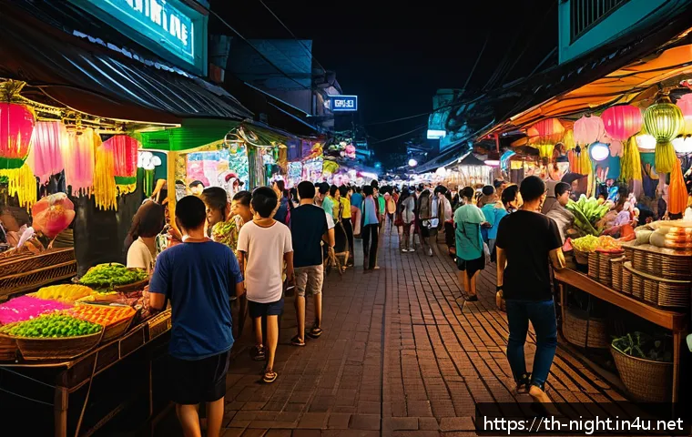 야경 관련 드라마 촬영지 - A vibrant night scene of Chiang Mai Walking Street bustling with colorful neon lights and illuminate...