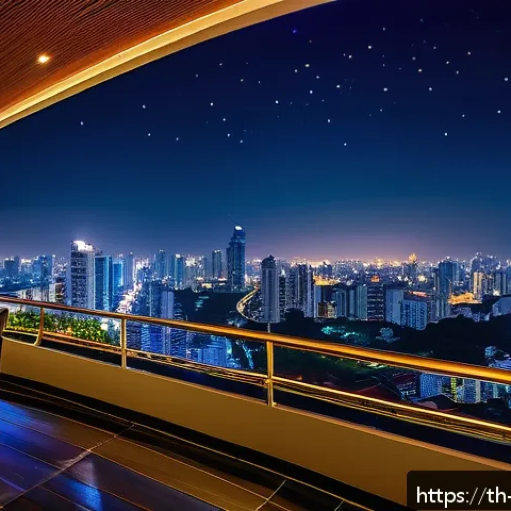 야경이 아름다운 하늘공원 - A panoramic night cityscape viewed from an open sky garden terrace in Bangkok, Thailand, featuring s...