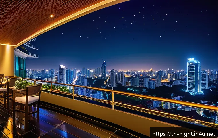 야경이 아름다운 하늘공원 - A panoramic night cityscape viewed from an open sky garden terrace in Bangkok, Thailand, featuring s...