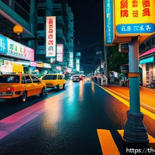 Home 31 야경 촬영을 위한 ISO 설정 - A nighttime city street scene in Bangkok, illuminated by warm streetlights and colorful neon signs, ...