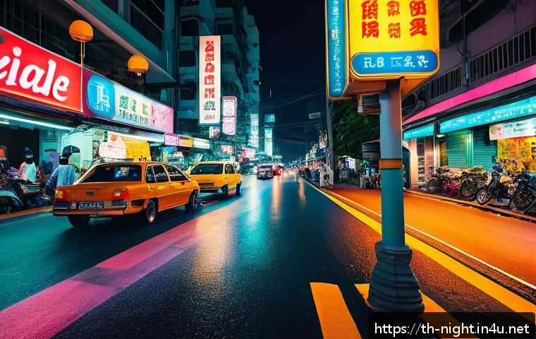 야경 촬영을 위한 ISO 설정 - A nighttime city street scene in Bangkok, illuminated by warm streetlights and colorful neon signs, ...