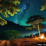 Home 18 캠핑장에서 보는 야경 - A serene nighttime forest campsite in northern Thailand near Chiang Mai, featuring large lush green ...