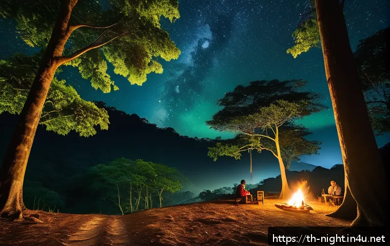 캠핑장에서 보는 야경 - A serene nighttime forest campsite in northern Thailand near Chiang Mai, featuring large lush green ...
