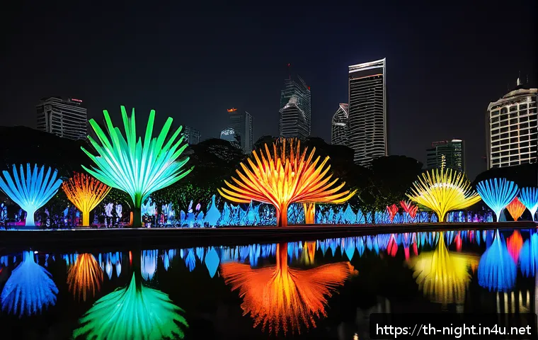 야경을 테마로 한 전시회 - A mesmerizing nighttime outdoor light art exhibition in Bangkok’s riverside park, featuring vibrant ...