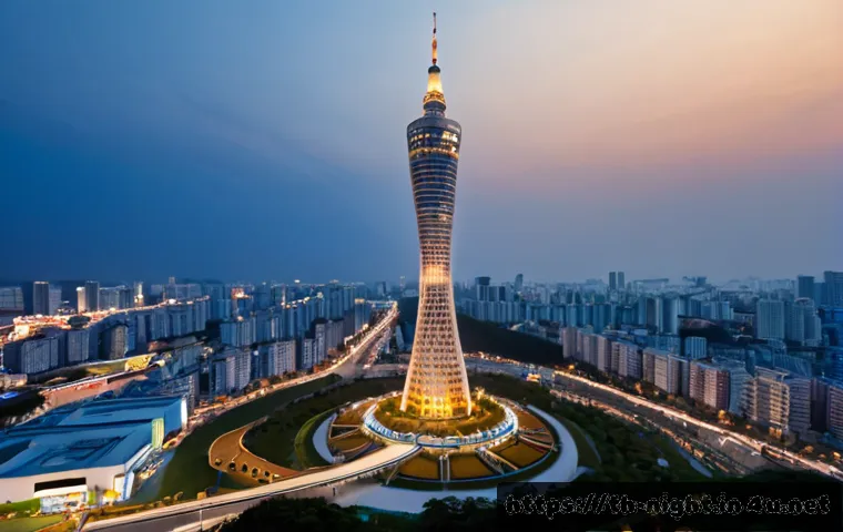 Home 17 대구 이월드 83타워 - Photorealistic twilight cityscape of a tall modern observation tower inspired by Daegu E-World 83 To...