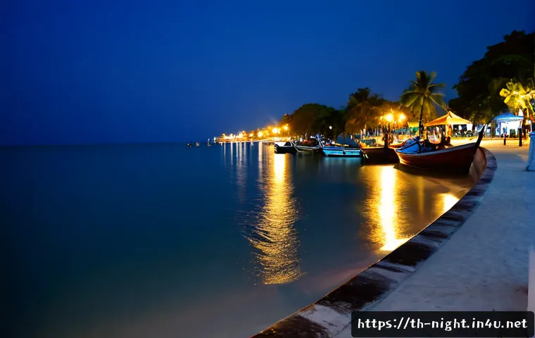 Home 17 강릉 정동진 야경 - Photorealistic night view of Hua Hin beach, Thailand, calm sea reflecting moonlight, a few softly gl...